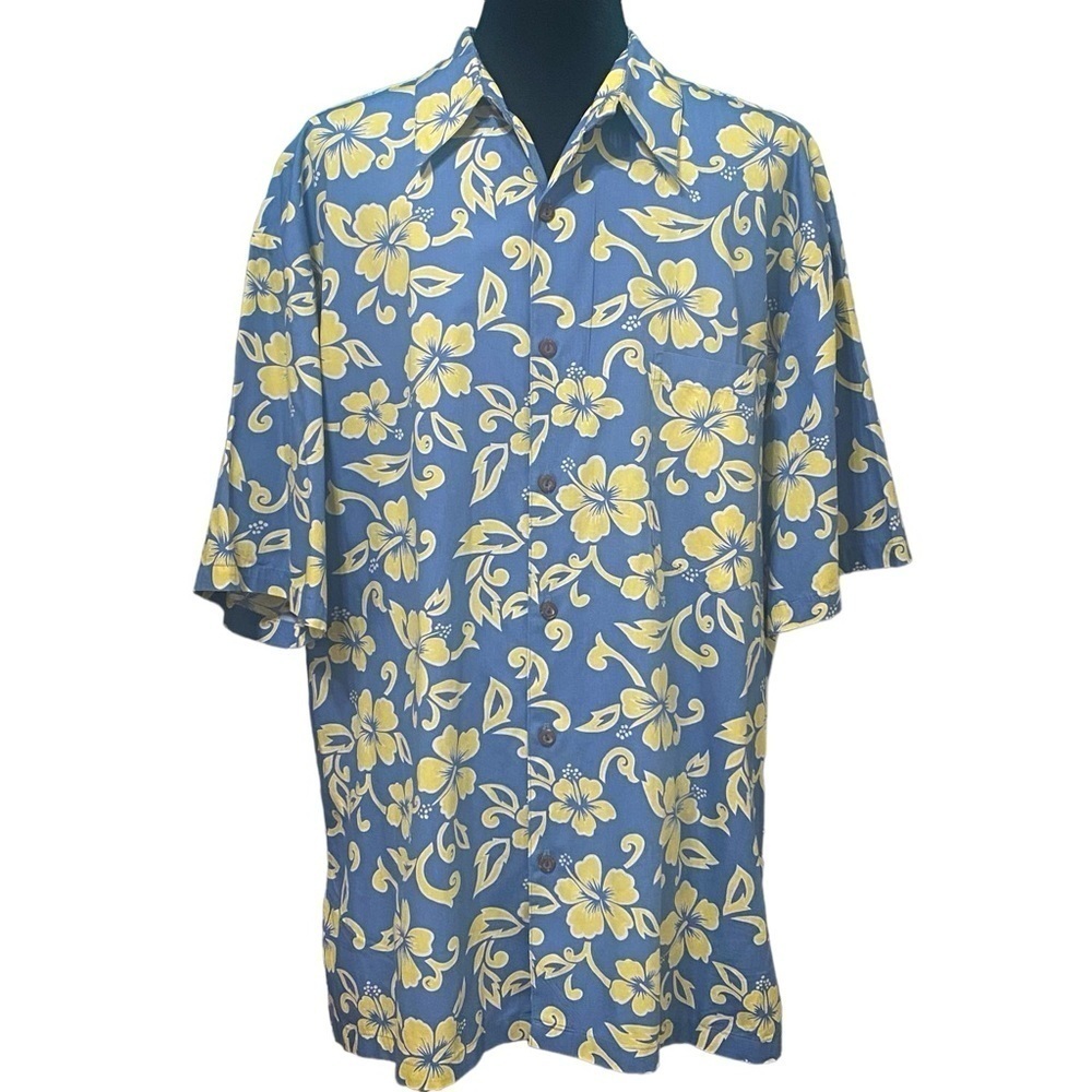 Two Palms Hawaiian Shirt Large Blue Yellow Hibiscus Floral 100% Cotton